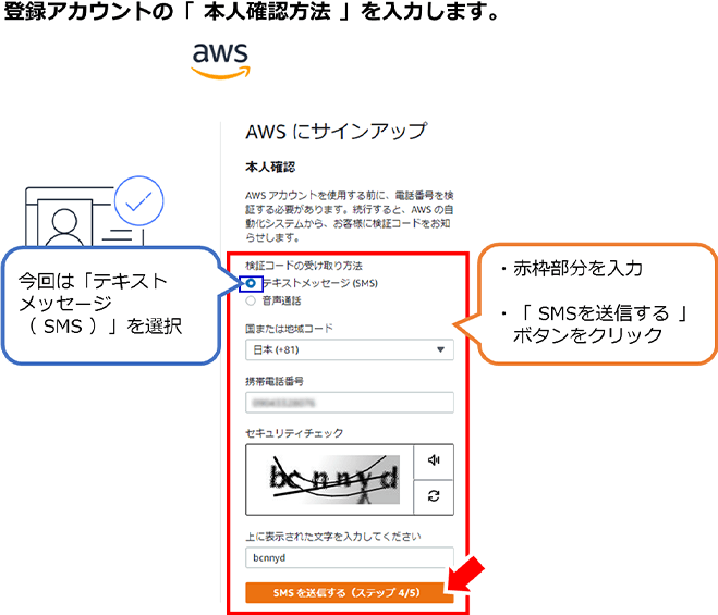 登録アカウントの「本人確認方法」を入力します。 今回は「テキストメッセージ（SMS）」を選択 赤枠部分（検証コードの受け取り方法からセキュリティチェックまで）を入力 「SMSを送信する」ボタンをクリック