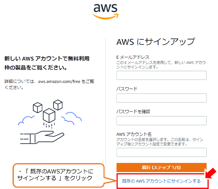 「既存のAWSアカウントにサインインする」をクリック