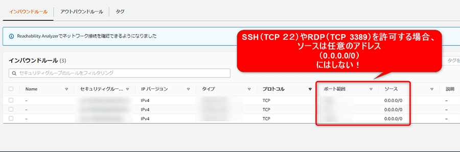 SSH(TCP 22)やRDP(TCP 3389)を許可する場合、ソースは任意のアドレス(0.0.0.0/0)にしない！