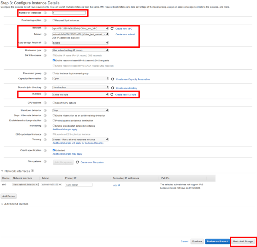 Configure Instance Detailsの画面