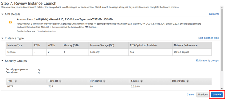 Review Instance Launchの画面