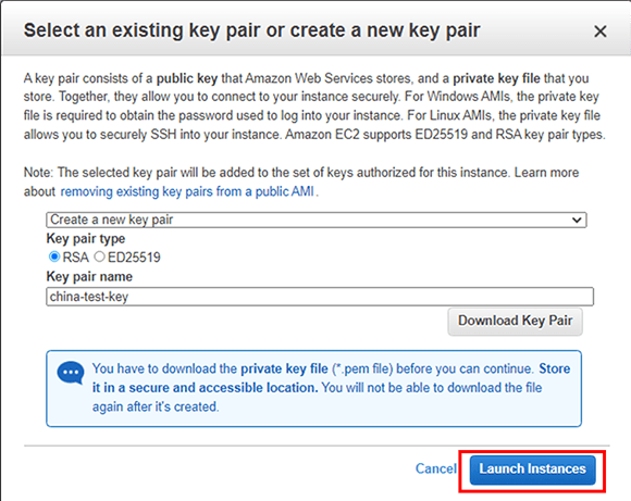 キーペアダウンロード画面からLaunch instancesをクリックする