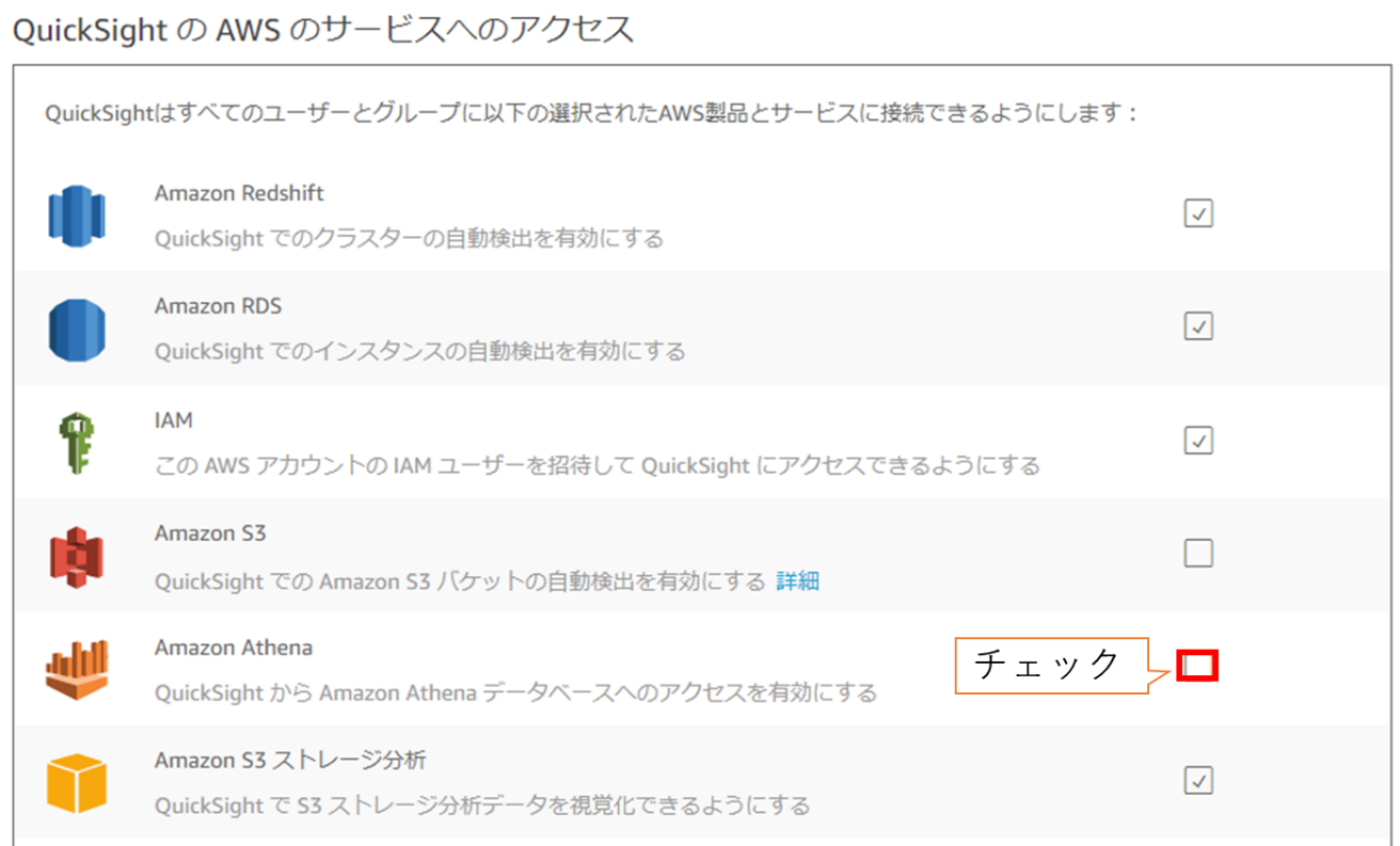 Amazon Athenaにチェックを入れる。