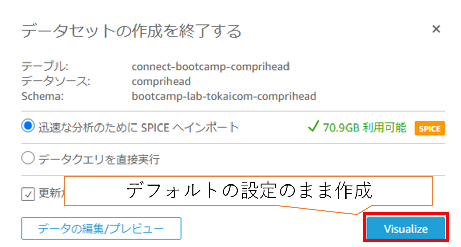 デフォルト設定のまま、Visualizeをクリックします。