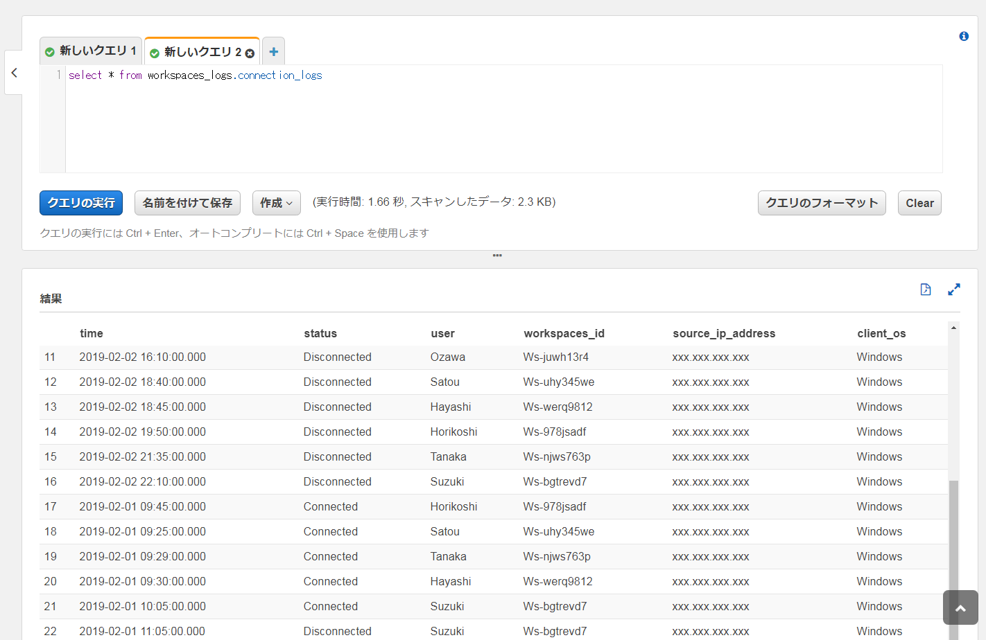 作成したテーブルから取得したデータが表示されている画像